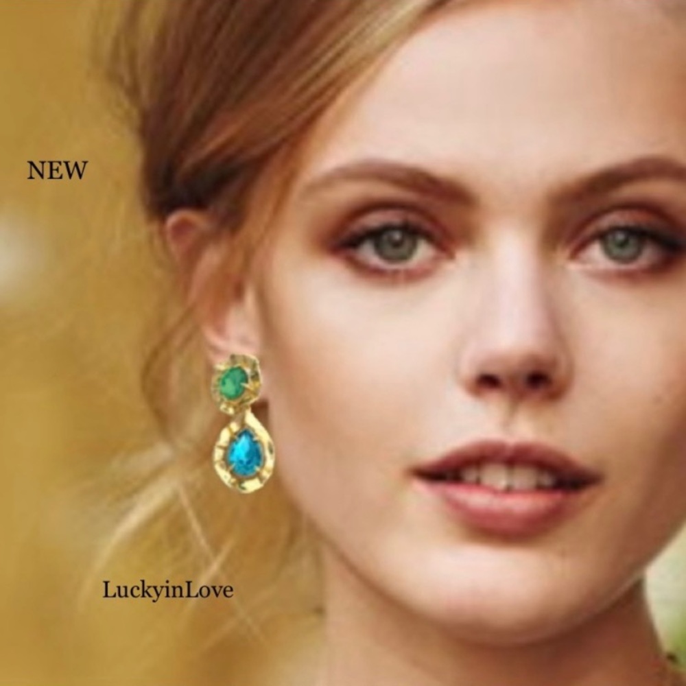 ALEXIS BITTAR• Gold Crystal Rainbow Blue Antiquities Mismatched Ruffled Earrings - Picture 9 of 10